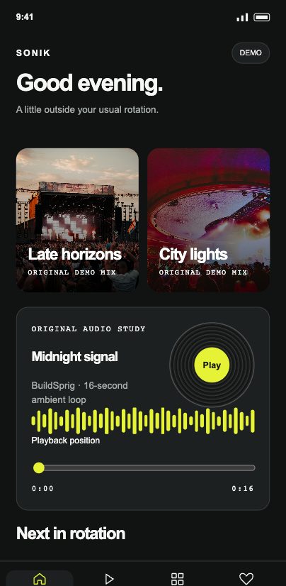 Sonik music app with concert photography, album artwork and audio playback controls