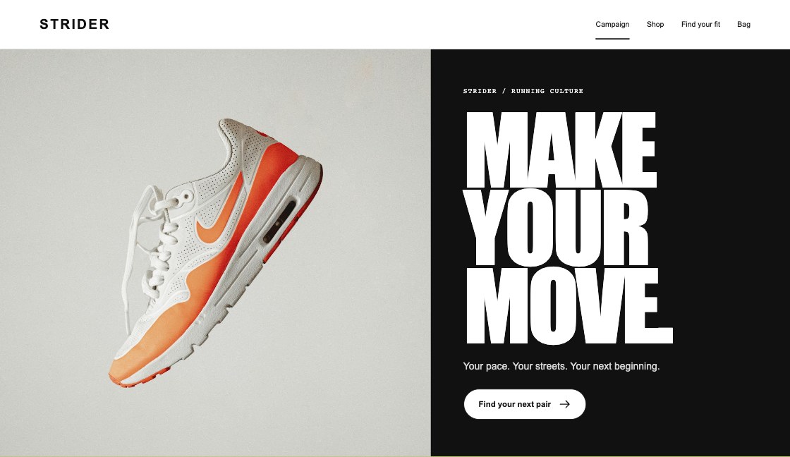 Strider running-store website with sneaker photography, bold Make Your Move headline and product collection