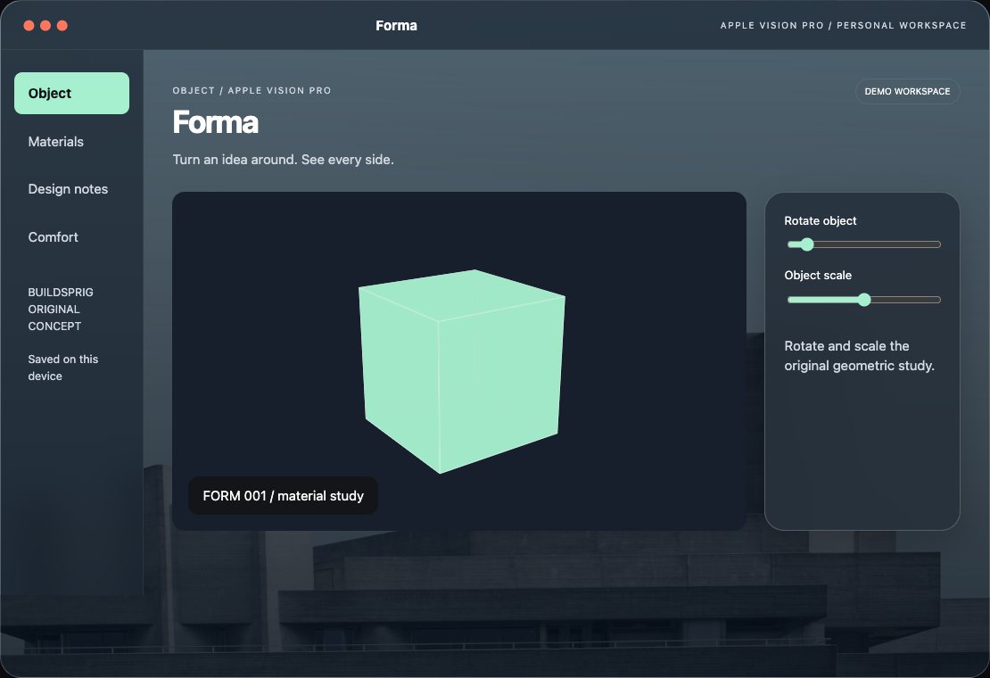 Forma interactive Apple Vision Pro app workspace
