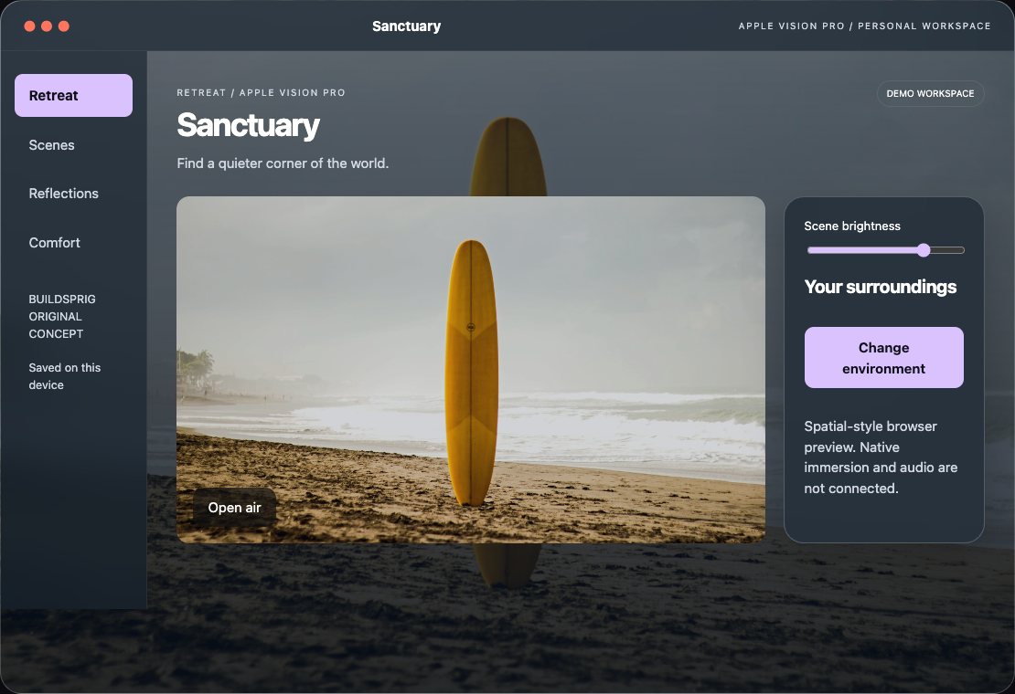 Sanctuary interactive Apple Vision Pro app workspace